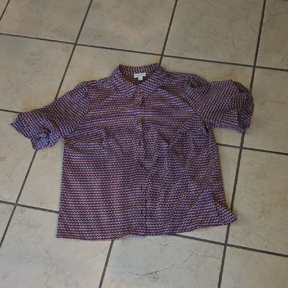 Blue And Pink Geometric Short Sleeve Blouse